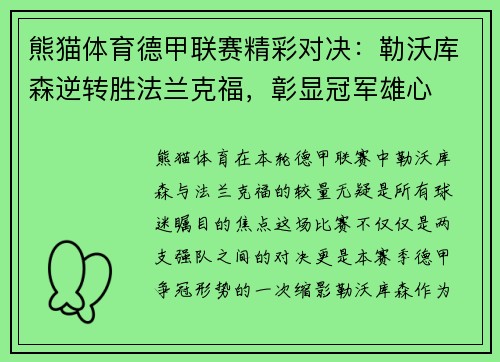 熊猫体育德甲联赛精彩对决：勒沃库森逆转胜法兰克福，彰显冠军雄心