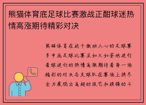 熊猫体育底足球比赛激战正酣球迷热情高涨期待精彩对决