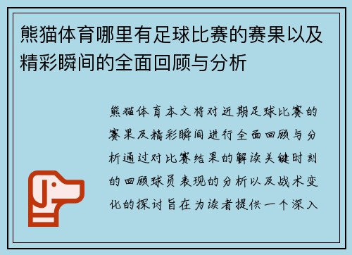 熊猫体育哪里有足球比赛的赛果以及精彩瞬间的全面回顾与分析