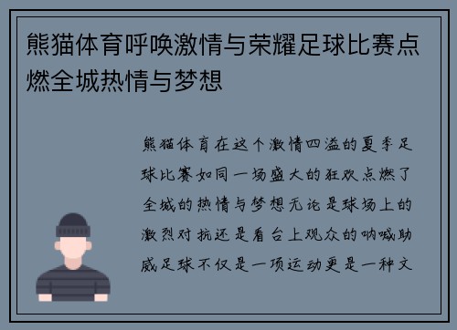熊猫体育呼唤激情与荣耀足球比赛点燃全城热情与梦想