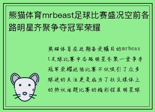 熊猫体育mrbeast足球比赛盛况空前各路明星齐聚争夺冠军荣耀