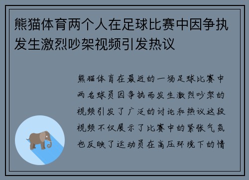 熊猫体育两个人在足球比赛中因争执发生激烈吵架视频引发热议