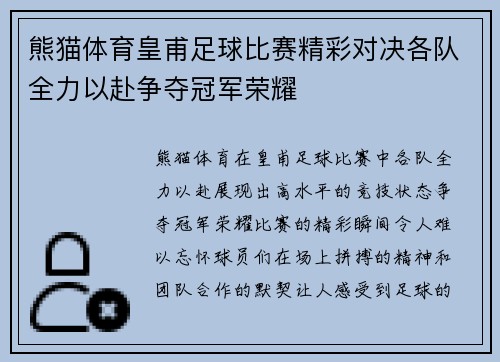 熊猫体育皇甫足球比赛精彩对决各队全力以赴争夺冠军荣耀