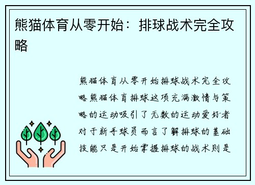 熊猫体育从零开始：排球战术完全攻略