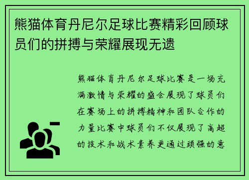 熊猫体育丹尼尔足球比赛精彩回顾球员们的拼搏与荣耀展现无遗