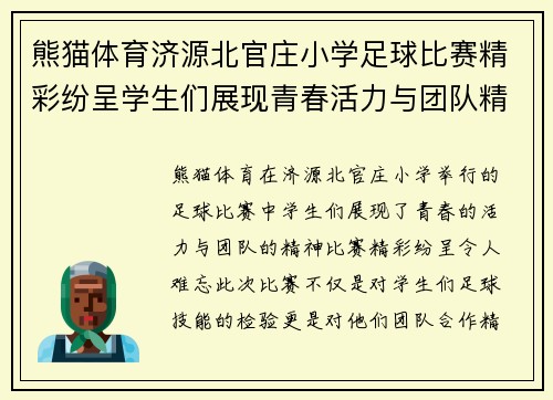 熊猫体育济源北官庄小学足球比赛精彩纷呈学生们展现青春活力与团队精神