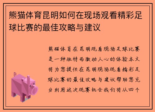 熊猫体育昆明如何在现场观看精彩足球比赛的最佳攻略与建议