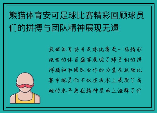 熊猫体育安可足球比赛精彩回顾球员们的拼搏与团队精神展现无遗