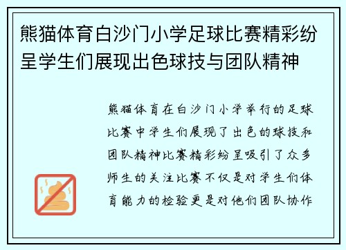 熊猫体育白沙门小学足球比赛精彩纷呈学生们展现出色球技与团队精神