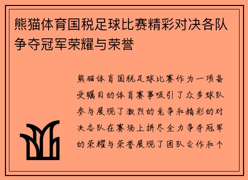 熊猫体育国税足球比赛精彩对决各队争夺冠军荣耀与荣誉