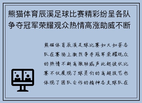 熊猫体育辰溪足球比赛精彩纷呈各队争夺冠军荣耀观众热情高涨助威不断