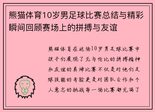 熊猫体育10岁男足球比赛总结与精彩瞬间回顾赛场上的拼搏与友谊