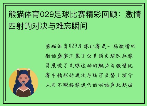熊猫体育029足球比赛精彩回顾：激情四射的对决与难忘瞬间