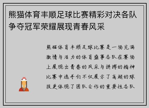 熊猫体育丰顺足球比赛精彩对决各队争夺冠军荣耀展现青春风采