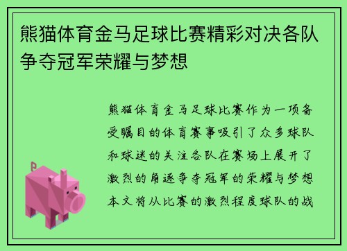 熊猫体育金马足球比赛精彩对决各队争夺冠军荣耀与梦想