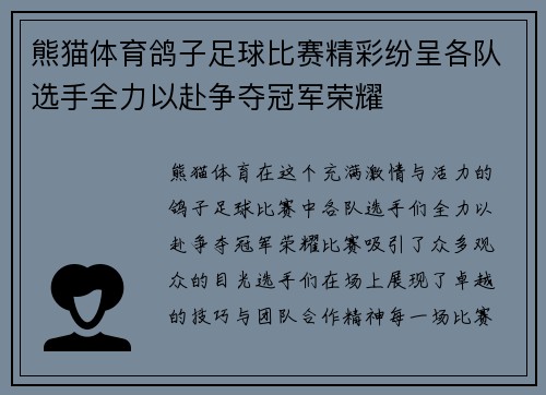 熊猫体育鸽子足球比赛精彩纷呈各队选手全力以赴争夺冠军荣耀